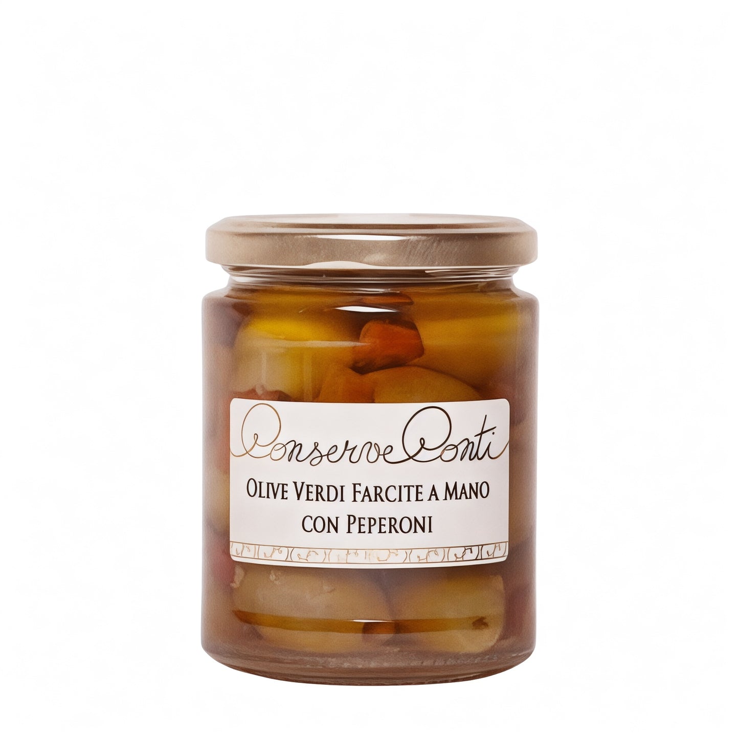 Olive verdi farcite a mano con peperoni in EVO