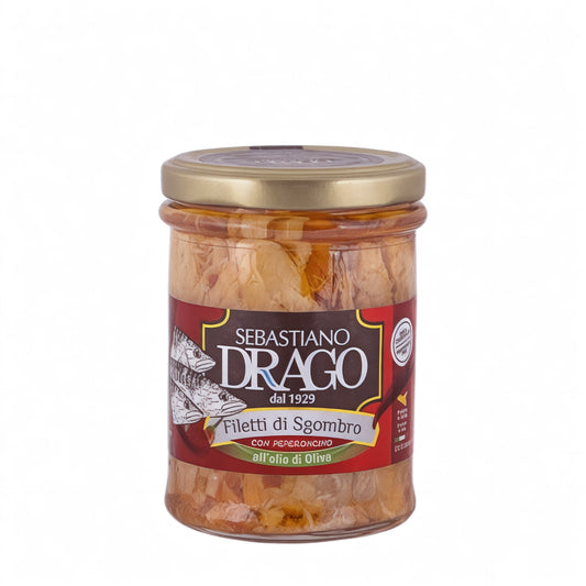 Filetti di sgombro all'olio di oliva con peperoncino rosso