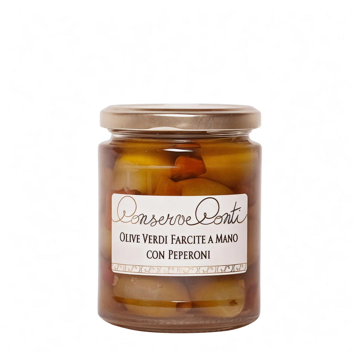 Olive verdi farcite a mano con peperoni in EVO