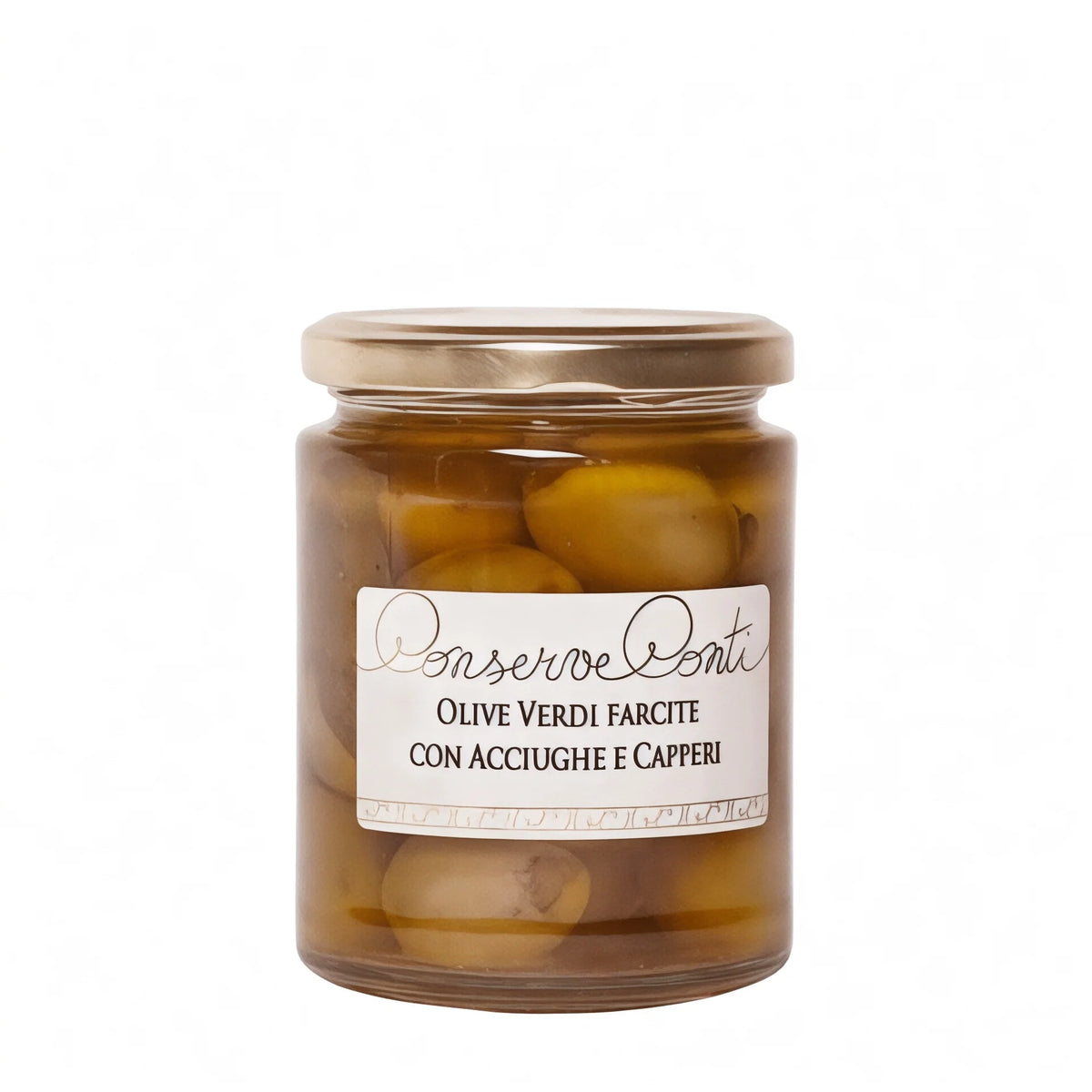 Olive verdi farcite con acciughe e capperi in EVO
