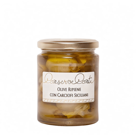 Olive verdi ripiene con carciofi siciliani in EVO