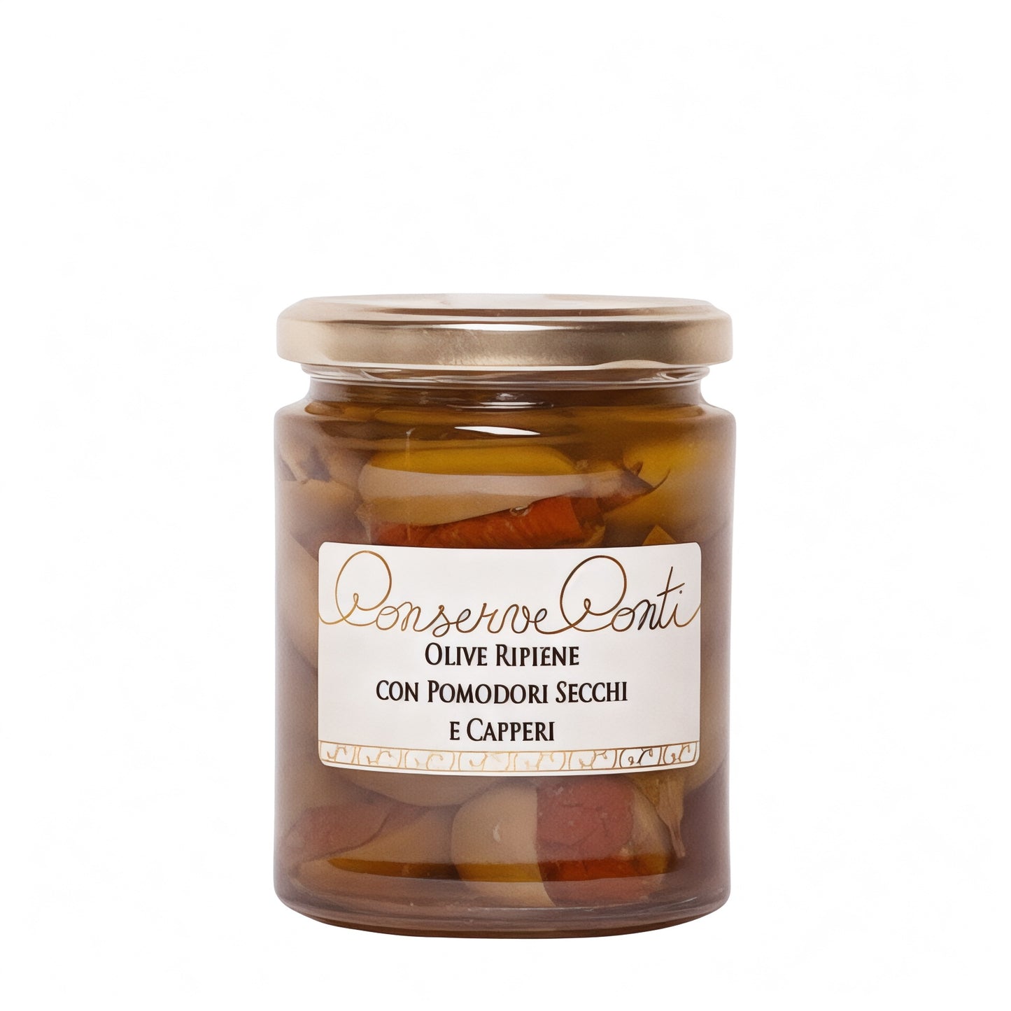 Olive verdi ripiene con pomodori secchi e capperi in EVO