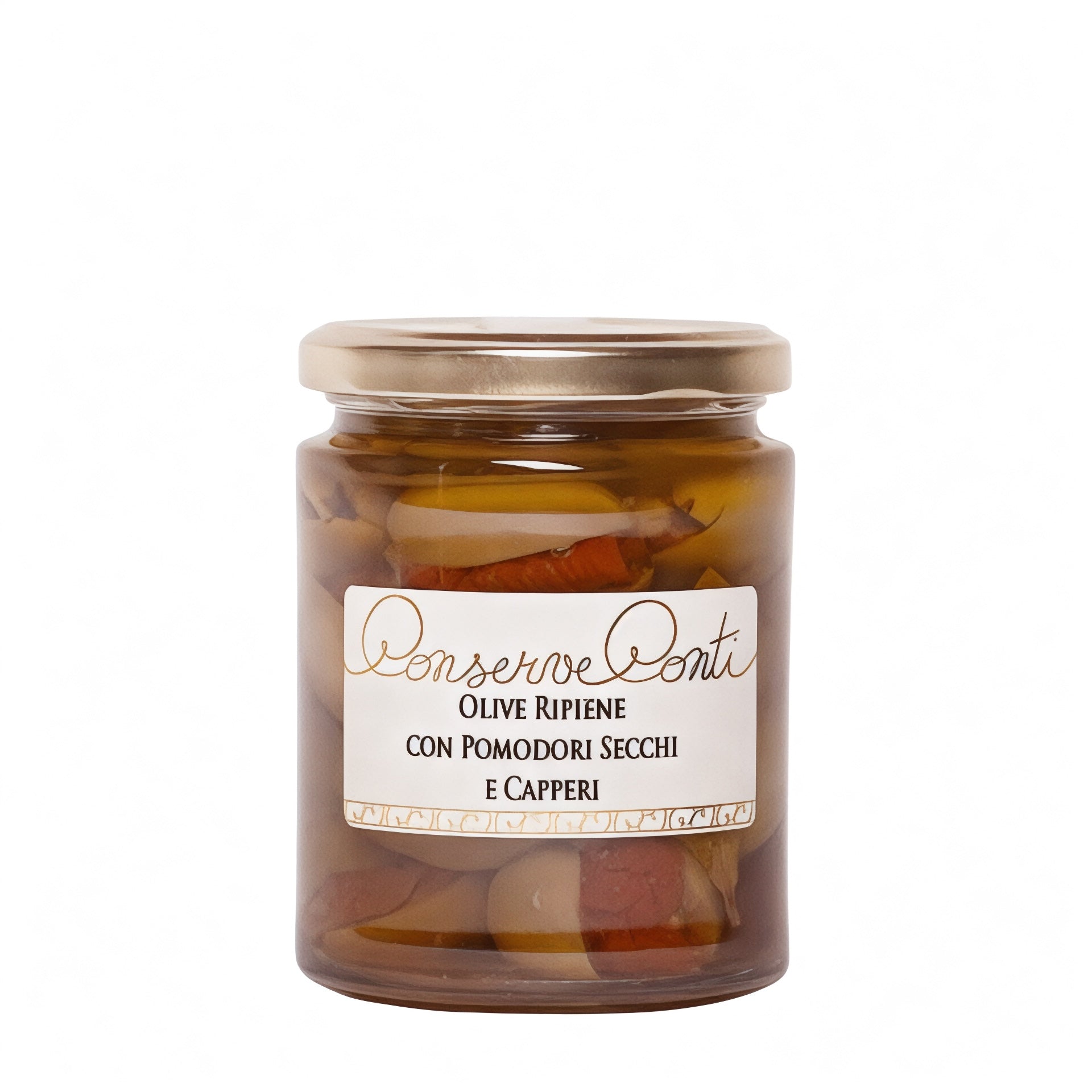 Olive verdi ripiene con pomodori secchi e capperi in EVO