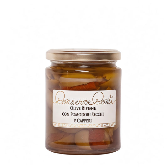 Olive verdi ripiene con pomodori secchi e capperi in EVO