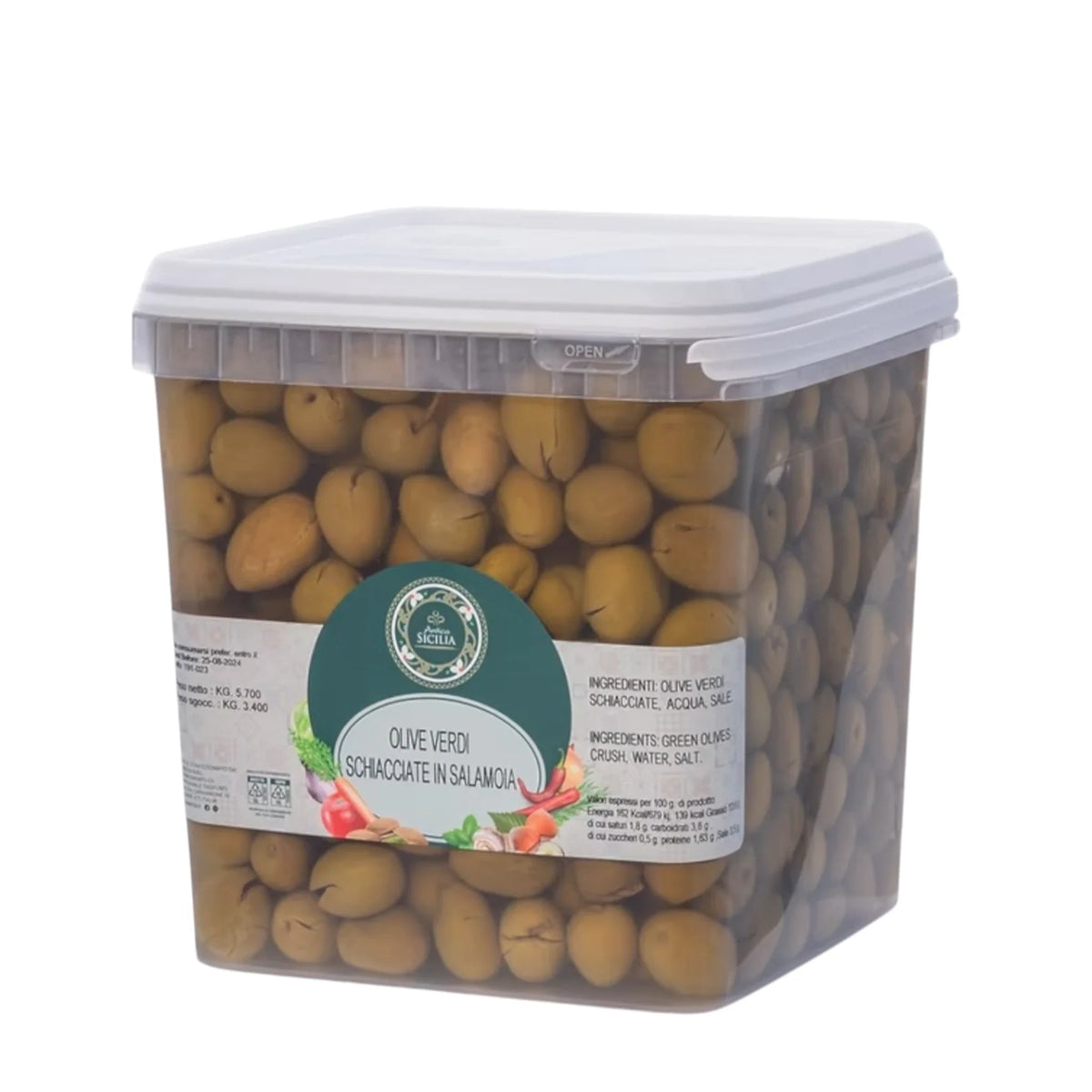 Olive verdi schiacciate in salamoia