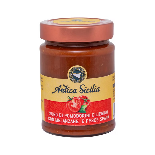 Sugo di pomodorini ciliegino con melanzane e pesce spada