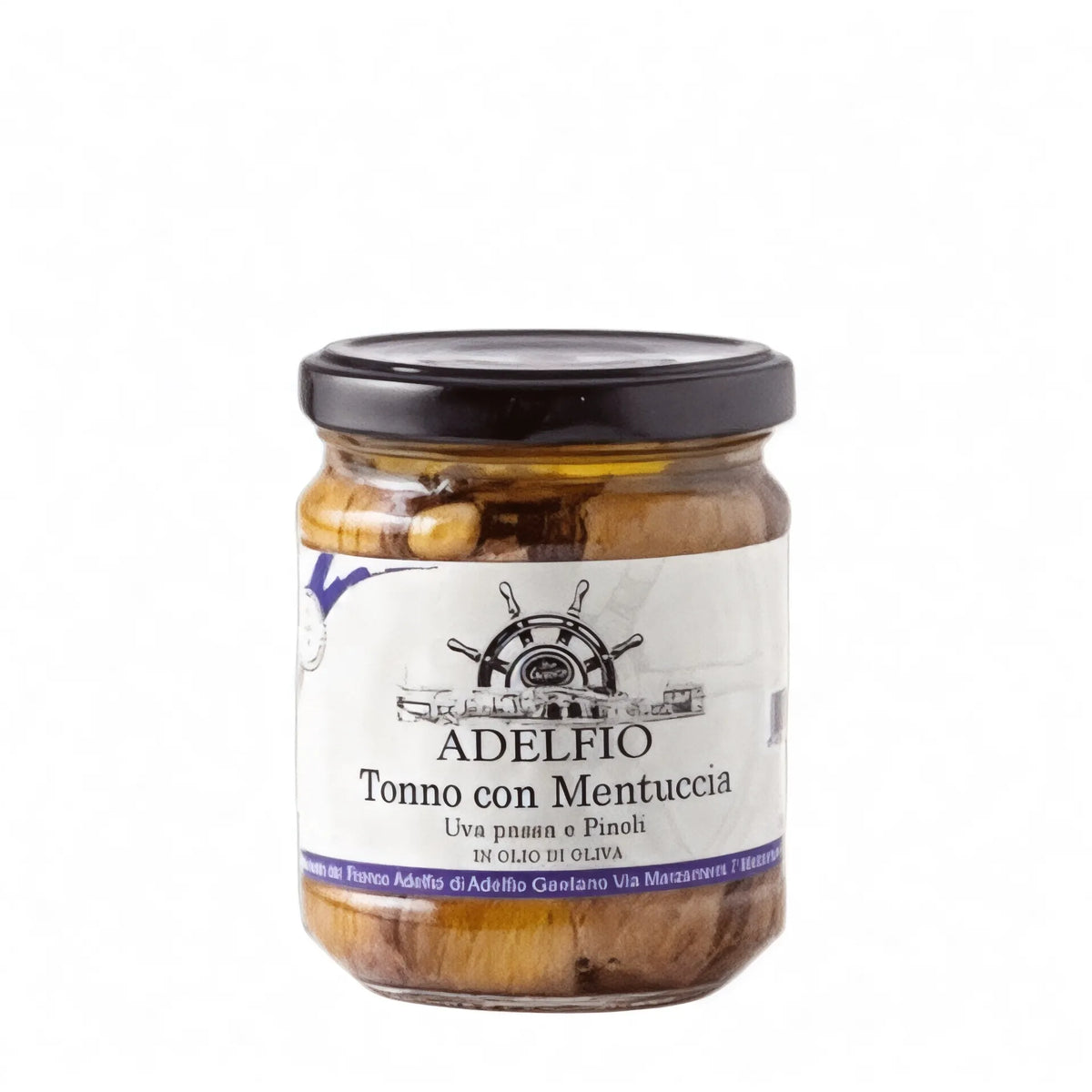 Tonno con mentuccia, uva passa e pinoli in olio di oliva